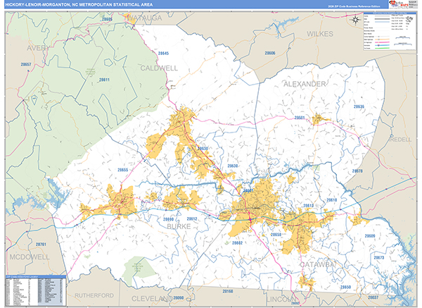 Hickory-Lenoir-Morganton Metro Area Wall Map Basic Style